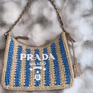 Authentic Prada Blue and Tan Crochet Raffia Striped Shoulder Bag